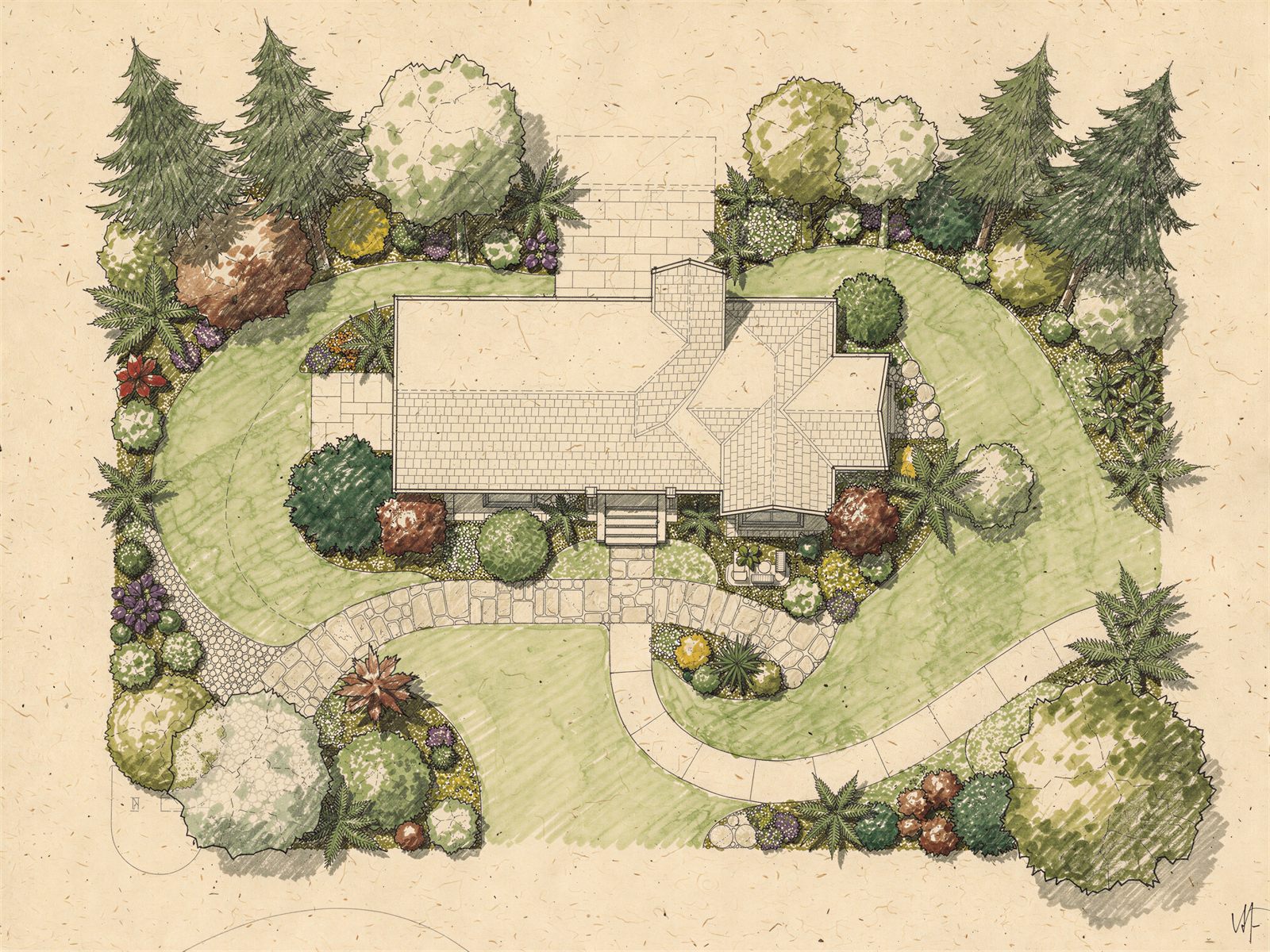Hand-rendered landscape design plan for a residential property